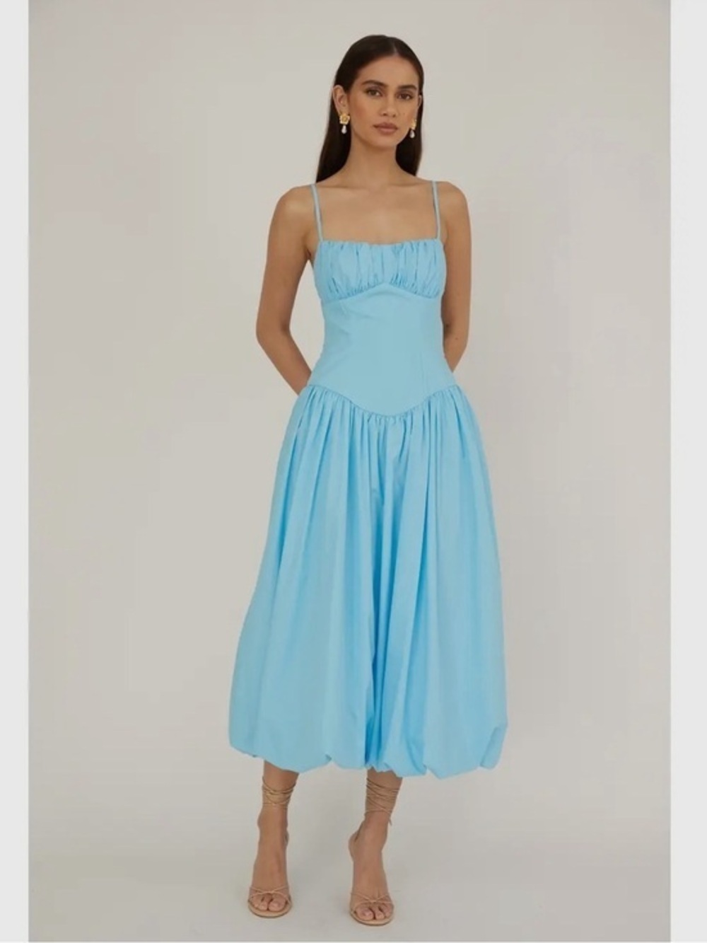 Sky Blue bubble hem Spaghetti Strap Midi Dress